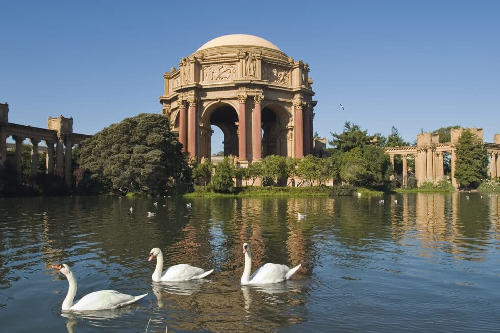 Vacation Travel Innovation view of the Palace of Fine Arts lagoon and classical architecture in San Francisco.