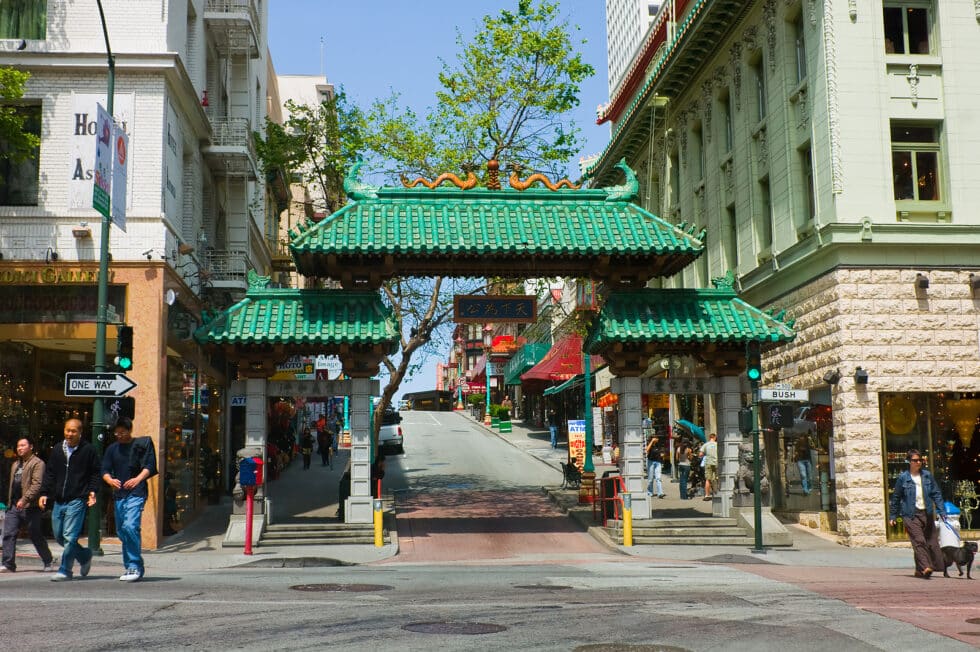 Vacation Travel Innovation street view of San Francisco Chinatown and its traditional gateway.